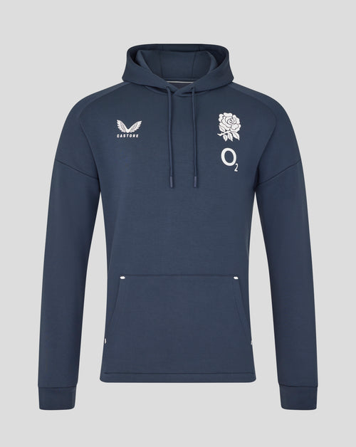 Navy England Rugby travel hoodie with white rose emblem and Castore and O2 logos on the chest.