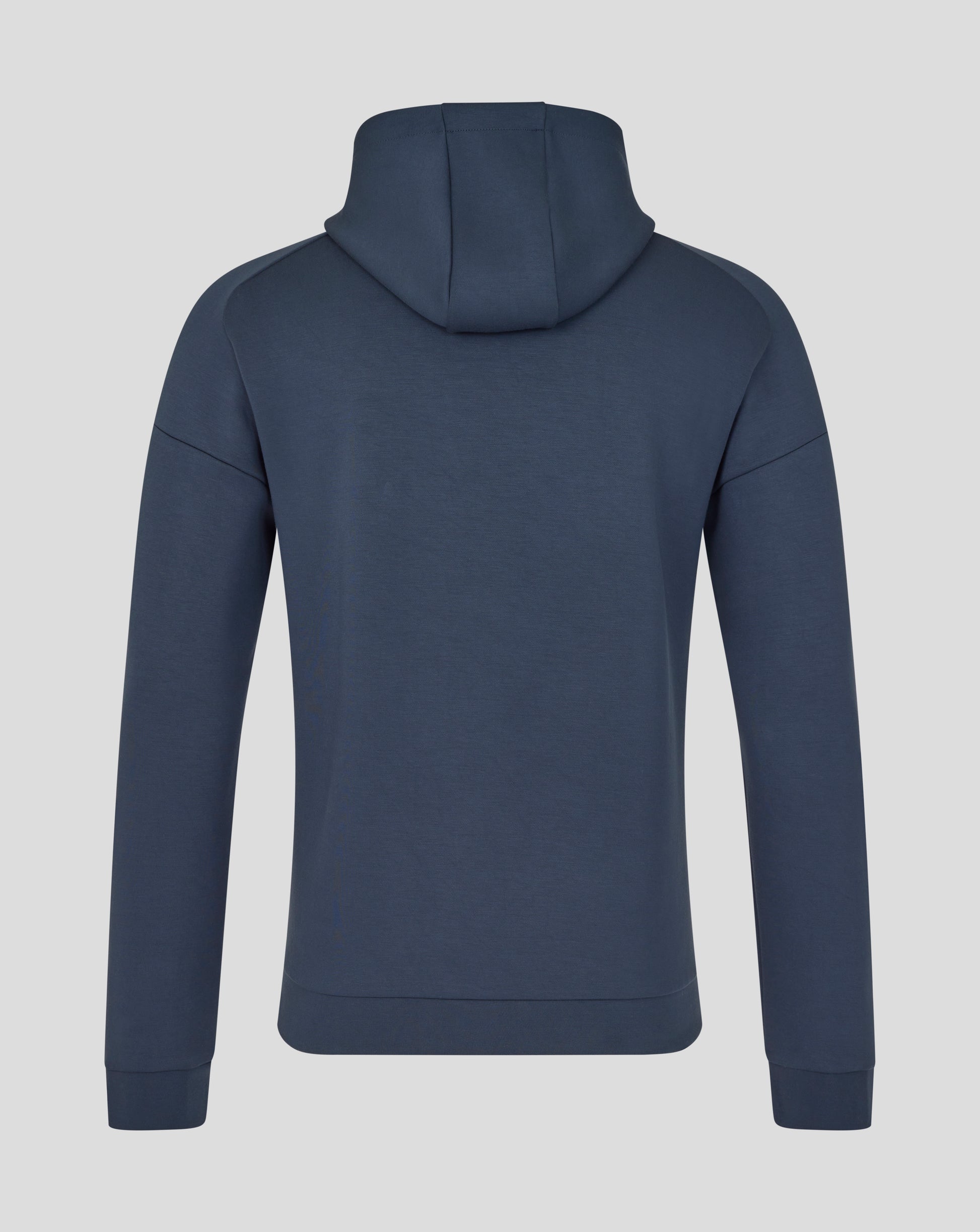 Back view of navy Inkwell hoodie with hood up and clean lines.