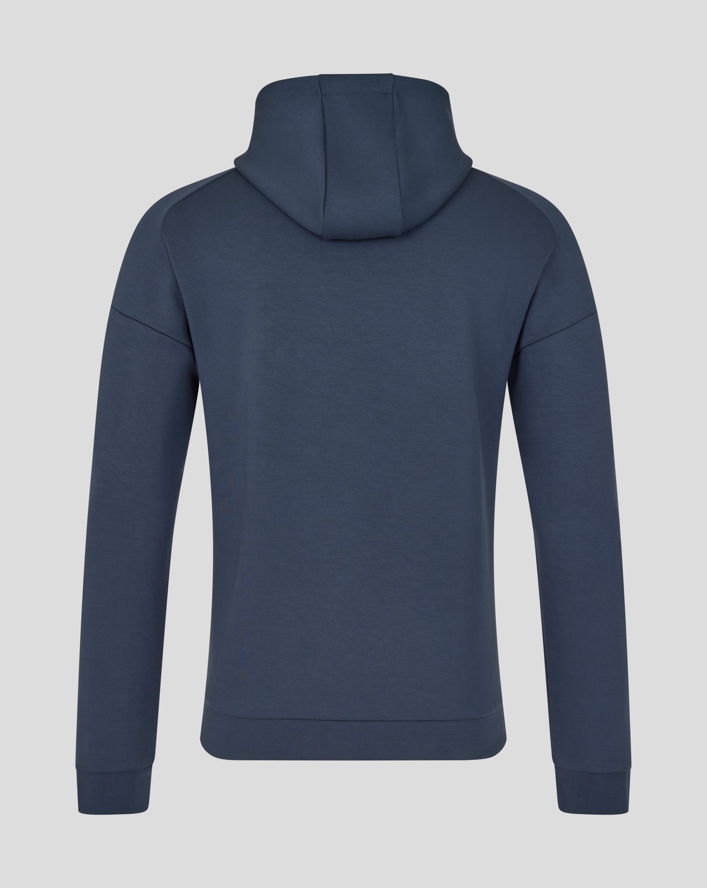 Back view of the navy England Rugby Junior Travel Hoodie showing the hood and shoulder seams.
