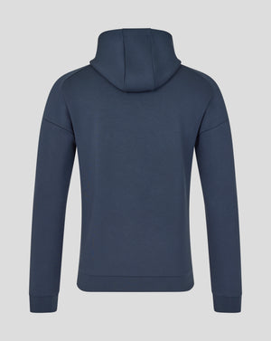 Back view of the navy England Rugby Junior Travel Hoodie showing the hood and shoulder seams.