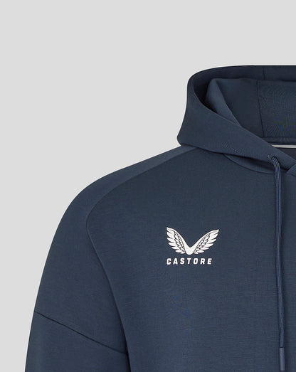 Close-up of navy England Rugby Travel Overhead Hoodie with Castore logo on the chest