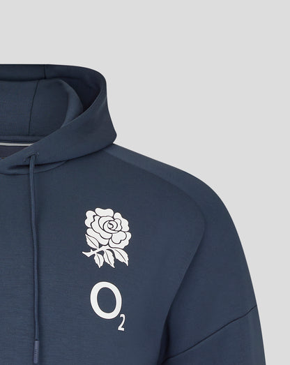Close-up of navy England Rugby Travel Overhead Hoodie showing a white floral print on the chest