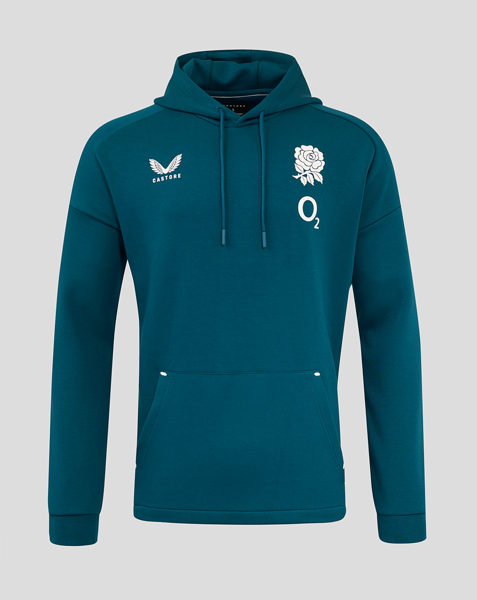 Front view of teal England Rugby Travel Overhead Hoodie with Castore logo on left chest and a rose with O2 on the right chest