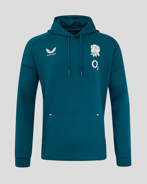 Front view of teal England Rugby Travel Overhead Hoodie with Castore logo on left chest and a rose with O2 on the right chest