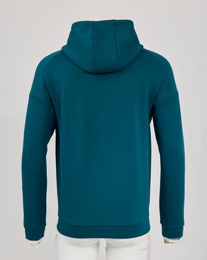 Back view of teal England Rugby Travel Overhead Hoodie with hood up and clean seam lines