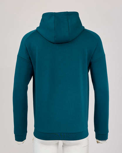 Back view of teal England Rugby Travel Overhead Hoodie with hood up and clean seam lines