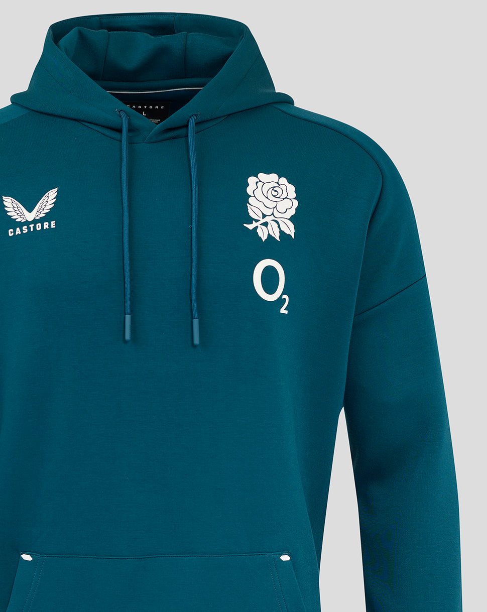 Teal England Rugby travel hoodie with a drawstring hood, white rose emblem and O2 logo on the chest