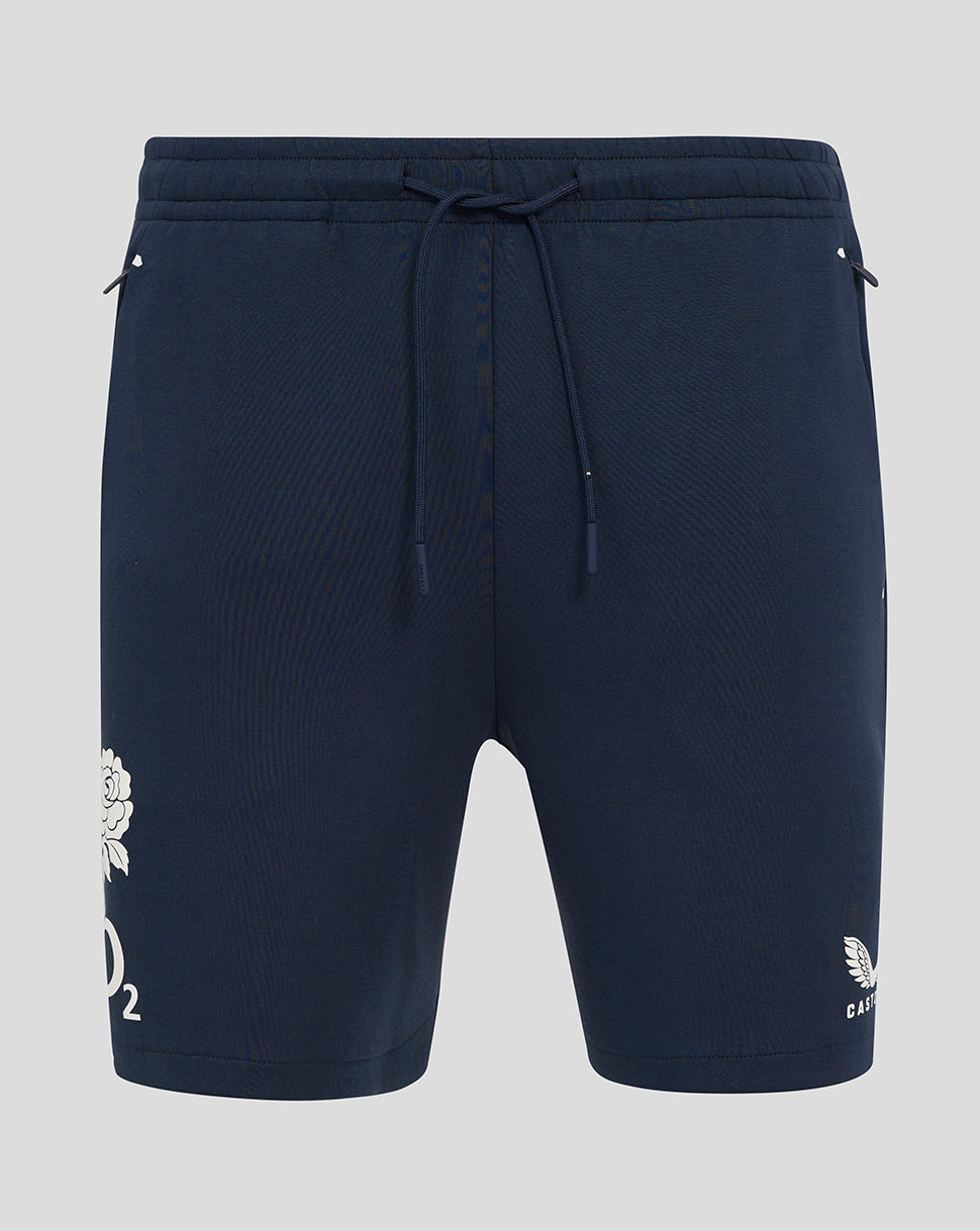 Navy England Rugby travel knit shorts with drawstring waist and white rose and O2 logos on the leg