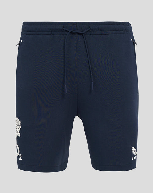 Navy England Rugby travel knit shorts with drawstring waist and white rose and O2 logos on the leg