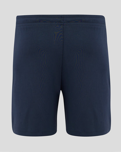 Back view of navy England Rugby travel knit shorts with an elastic waistband