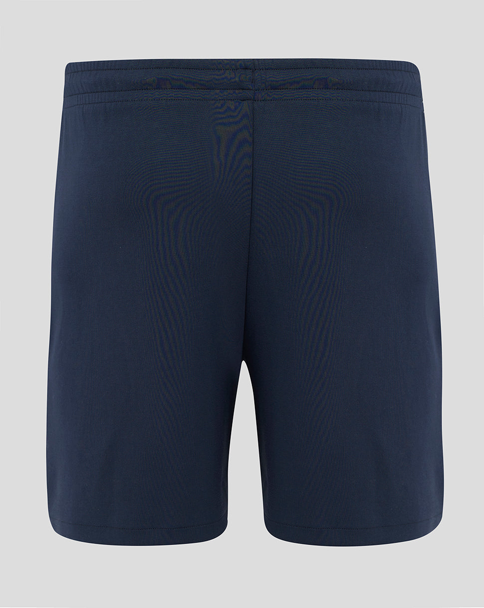 Back view of navy England Rugby Travel Knit Shorts with elastic waistband