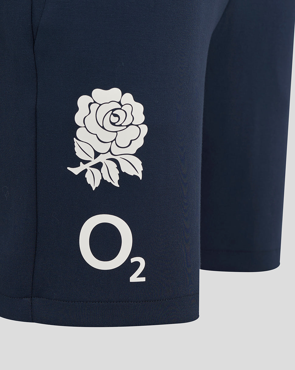 Navy England Rugby Travel Knit Shorts featuring a white rose crest and O2 logo on the leg