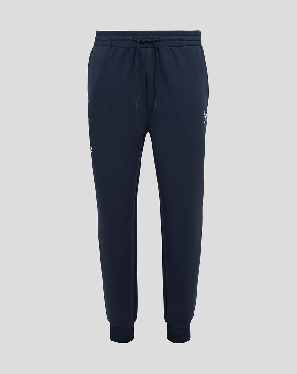 Navy England Rugby Travel Knit Pant with external drawcords, ribbed cuffs, side zip pockets and thigh logos.