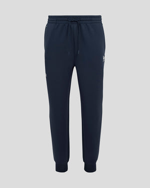 Navy England Rugby Travel Knit Pant with external drawcords, ribbed cuffs, side zip pockets and thigh logos.