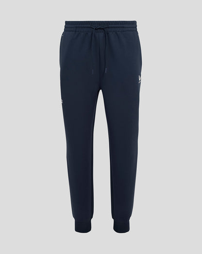 Navy England Rugby Travel Knit Pant with external drawcords, ribbed cuffs, side zip pockets and thigh logos.
