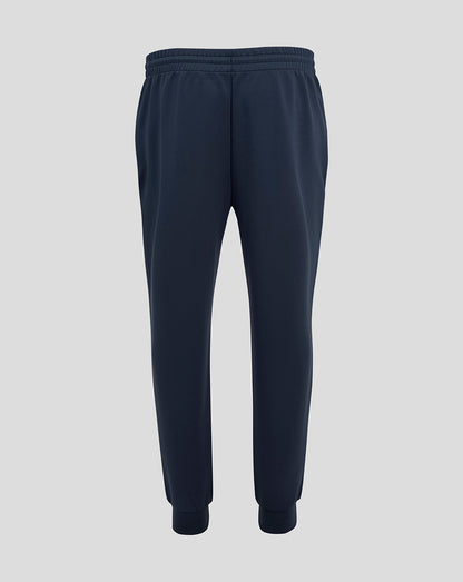 Front view of navy England Rugby Travel Knit Pant with drawcords ribbed cuffs and thigh logos.