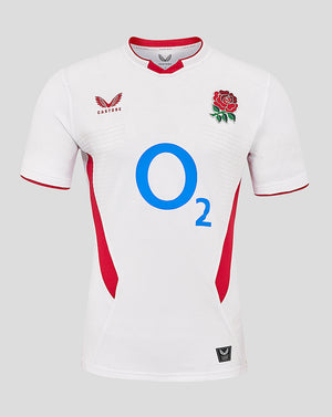 White England Rugby Home Pro Short Sleeve Shirt with rose crest on right chest, Castore logo on left chest, and large O2 front sponsor.