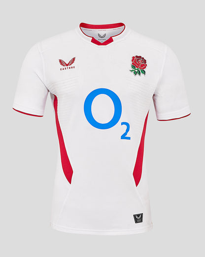 White England Rugby Home Pro Short Sleeve Shirt with rose crest on right chest, Castore logo on left chest, and large O2 front sponsor.