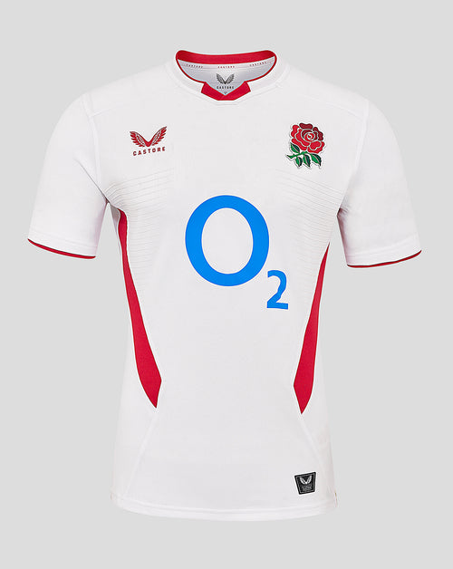 White England Rugby Home Pro Short Sleeve Shirt with rose crest on right chest, Castore logo on left chest, and large O2 front sponsor.