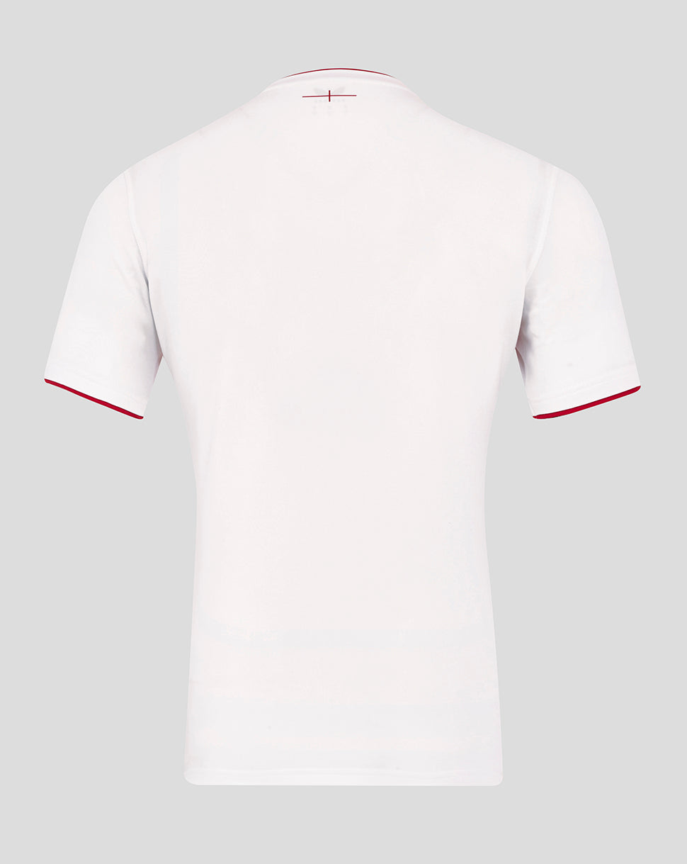 Back view of Men’s England Rugby Home Pro Short Sleeve Shirt in white with red sleeve trim.