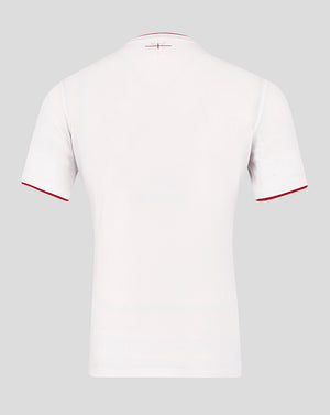 Back view of Men’s England Rugby Home Pro Short Sleeve Shirt in white with red sleeve trim.