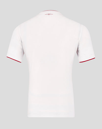 Back view of Men’s England Rugby Home Pro Short Sleeve Shirt in white with red sleeve trim.