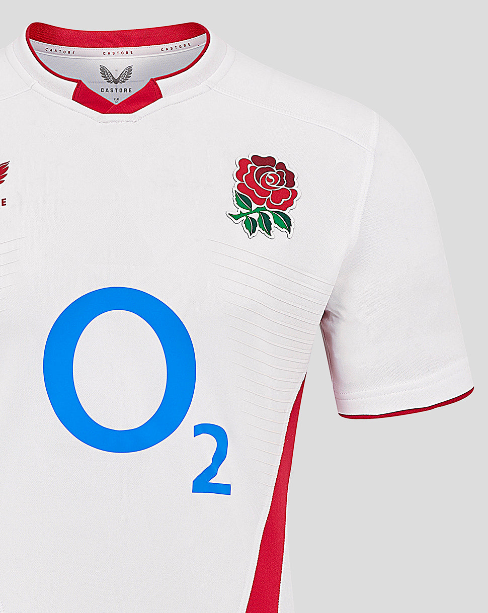 Front view of Men’s England Rugby Home Pro Short Sleeve Shirt featuring Rose crest, O2 logo, and Castore branding.