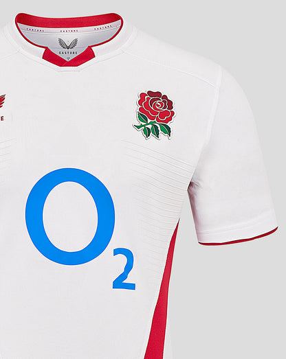 Front view of Men’s England Rugby Home Pro Short Sleeve Shirt featuring Rose crest, O2 logo, and Castore branding.