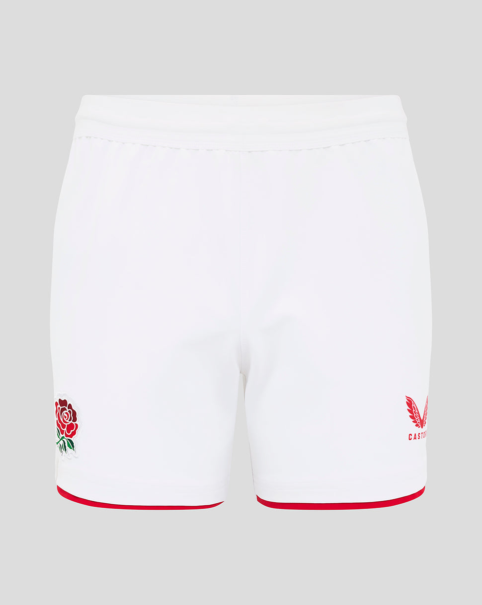 White Pro shorts with red trim featuring rose crest on left leg and Castore crest on right leg