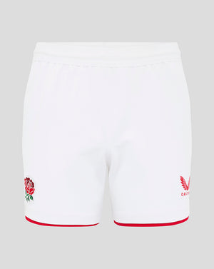 White Pro shorts with red trim featuring rose crest on left leg and Castore crest on right leg
