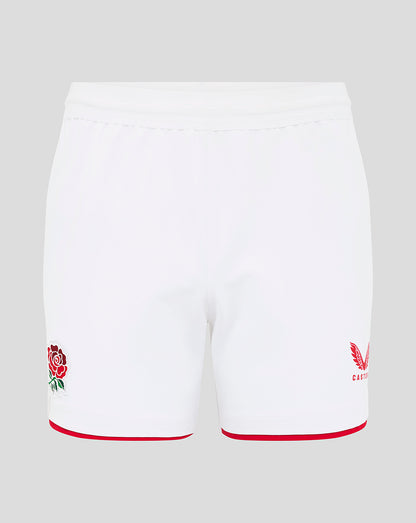 White Pro shorts with red trim featuring rose crest on left leg and Castore crest on right leg