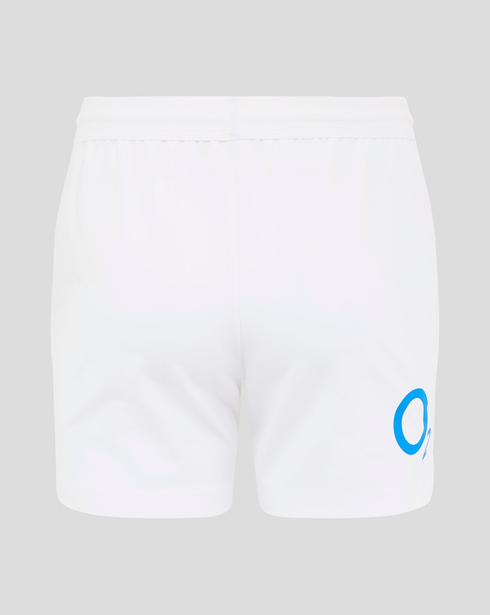 Back view of Brilliant White England Rugby Home Pro Shorts showing O2 logo on the back right thigh and Castore crest on the left thigh