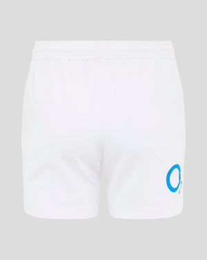 Back view of Brilliant White England Rugby Home Pro Shorts showing O2 logo on the back right thigh and Castore crest on the left thigh