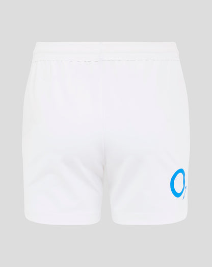 Back view of Brilliant White England Rugby Home Pro Shorts showing O2 logo on the back right thigh and Castore crest on the left thigh