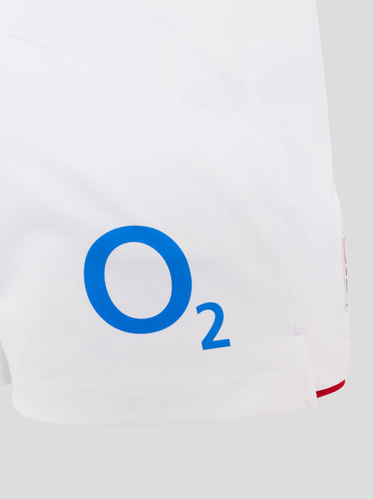 White England Rugby Home Pro Shorts with bold blue O2 logo on the leg and red hem trim.