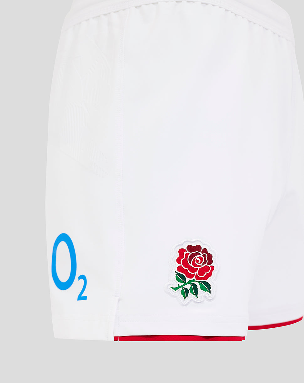 Back view close up of Brilliant White England Rugby Home Pro Shorts highlighting the Rose crest on the right thigh