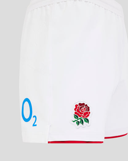 Back view close up of Brilliant White England Rugby Home Pro Shorts highlighting the Rose crest on the right thigh