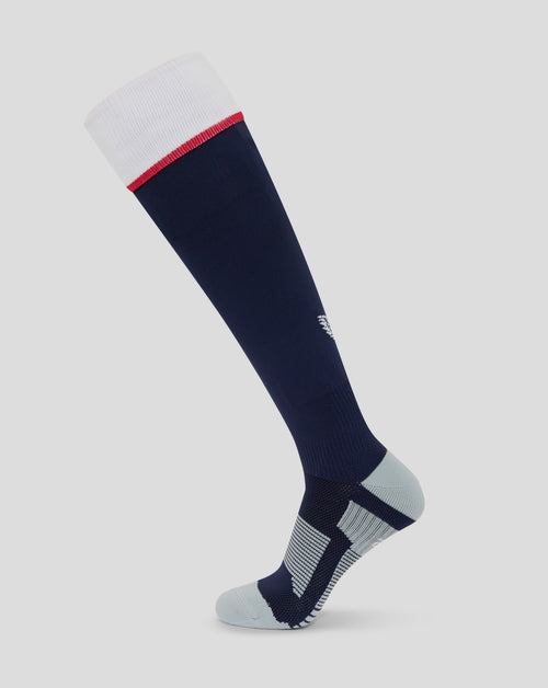 Close-up of junior England Rugby home socks in navy with white folded cuff and red stripe detail
