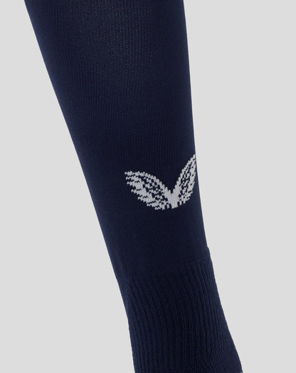 Angled view of navy England Rugby home sock featuring white knit pattern near ankle and contrasting cuff.