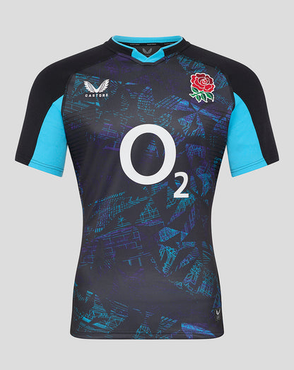 Mens England Rugby Alternate Short Sleeve Pro Shirt in dark navy with turquoise sleeves and collar, O2 logo and rose crest on front.