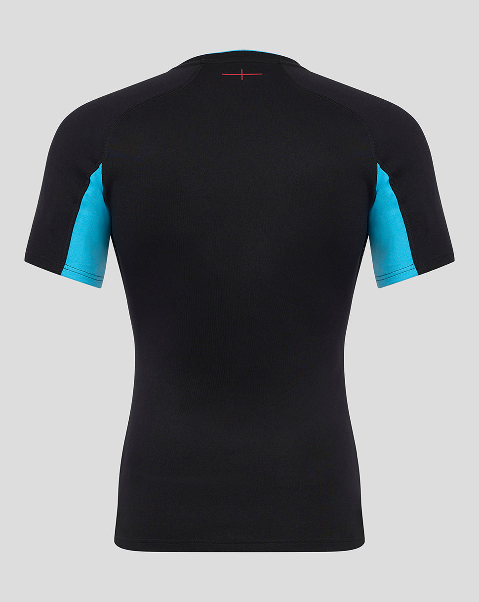 Back view of Men's England Rugby Alternate Short Sleeve Pro Shirt in black with turquoise sleeves