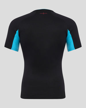 Back view of Men's England Rugby Alternate Short Sleeve Pro Shirt in black with turquoise sleeves