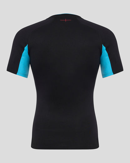 Back view of Men's England Rugby Alternate Short Sleeve Pro Shirt in black with turquoise sleeves