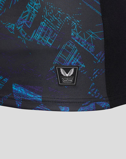 Close-up of navy Men’s England Rugby Alternate Short Sleeve Pro Shirt with blue geometric graphic and Castore branding