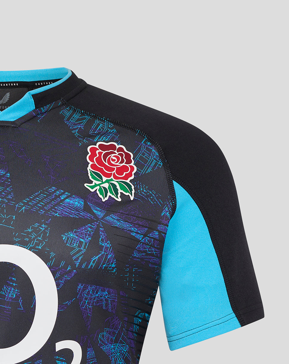 Front close-up of the England rugby Pro shirt showing Rose crest, front graphic and turquoise collar