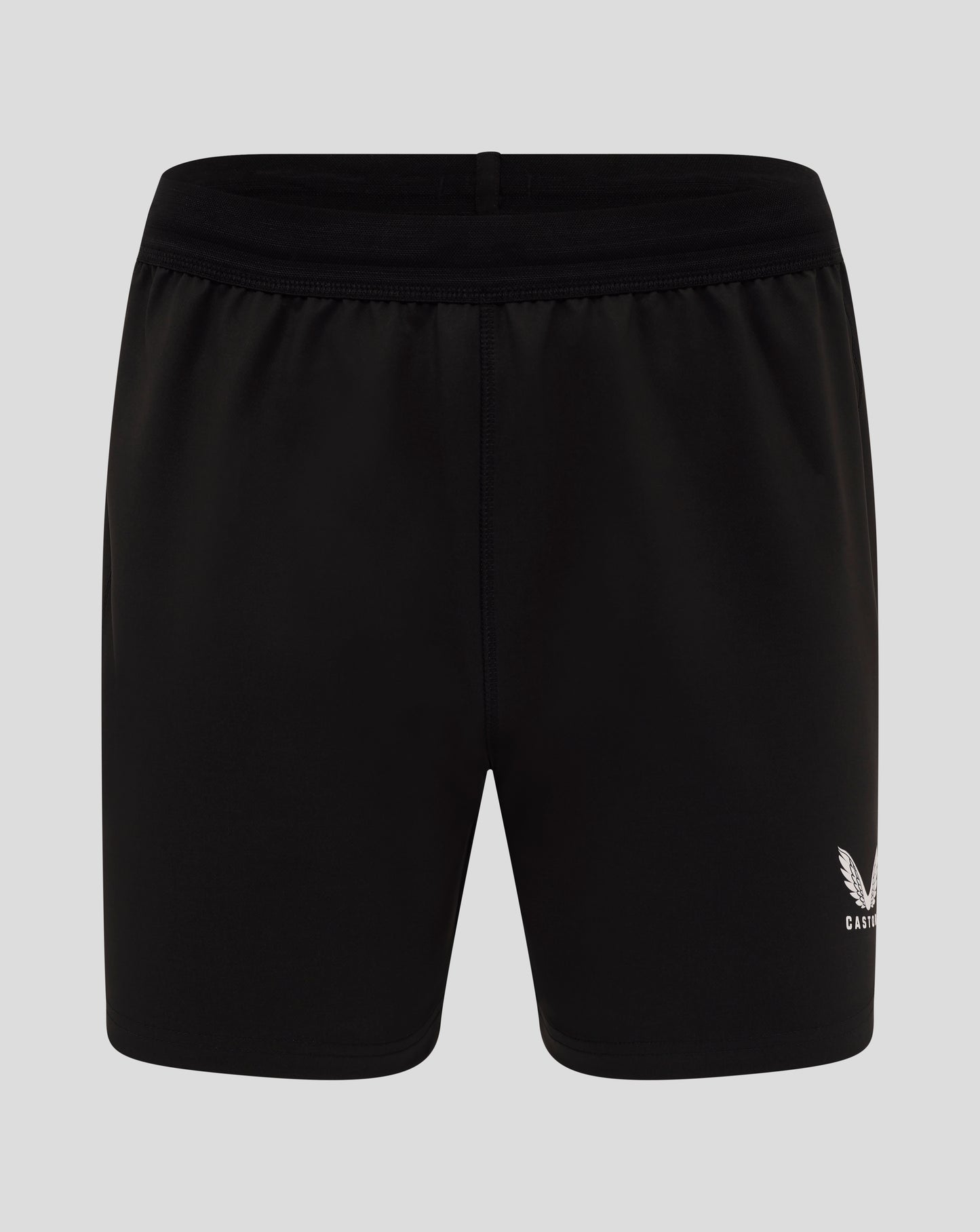 Close-up of black England Rugby Alternate Pro Shorts showing a bright blue side panel and Castore crest on the leg