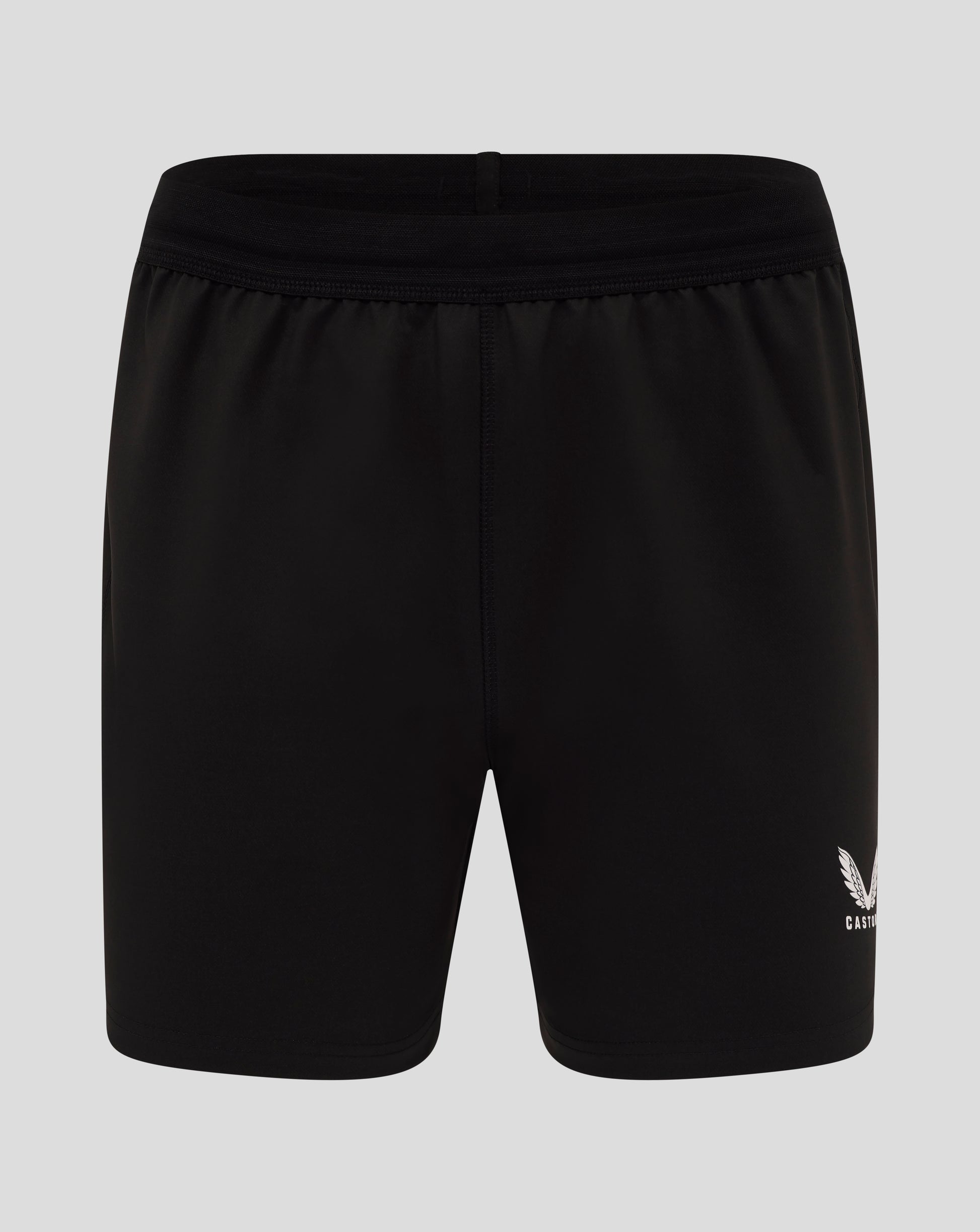 Close-up of black England Rugby Alternate Pro Shorts showing a bright blue side panel and Castore crest on the leg