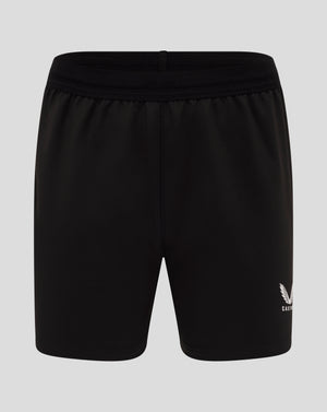 Close-up of black England Rugby Alternate Pro Shorts showing a bright blue side panel and Castore crest on the leg