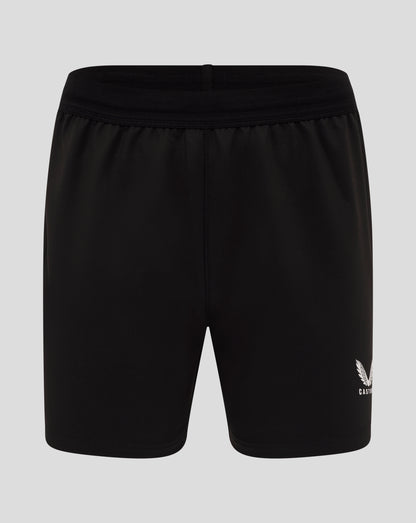 Close-up of black England Rugby Alternate Pro Shorts showing a bright blue side panel and Castore crest on the leg
