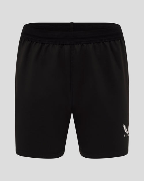 Close-up of black England Rugby Alternate Pro Shorts showing a bright blue side panel and Castore crest on the leg